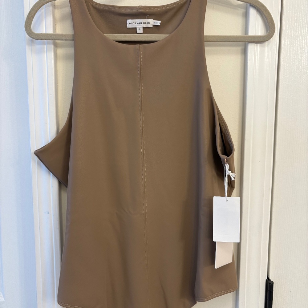 Good American Sleeveless Faux-Leather Bodysuit in Camel
